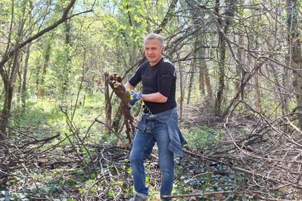 Зам.-кметът по екология Иван Стоянов вдига прекършено дърво.