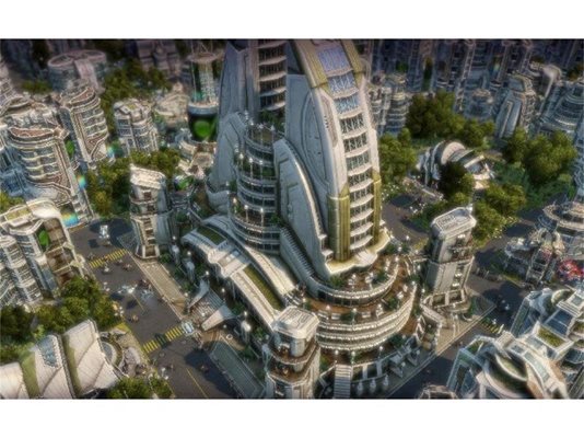 2. Градът на бъдещето е пълен с небостъргачи и други модерни архитектурни решения.