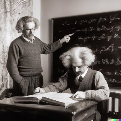 Алберт Айнщайн е един от хората, които ChatGPT изброява в списъка си с личности със забележителни заслуги. Изображението е генерирано с DALL-E, софтуер за картинки, разработен от OpenAI, която е автор и на чата.