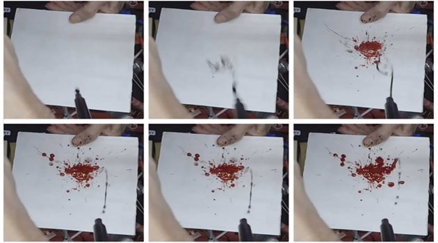 Учените показват етапите от опитите с кървавите петна. 
Снимката е на научния екип.