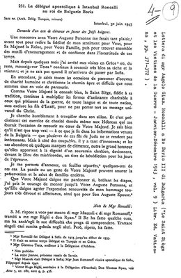 Писмото, в което Ронкали пише, че е убеден, че Борис ІІІ действа по въпроса за спасяването на евреите