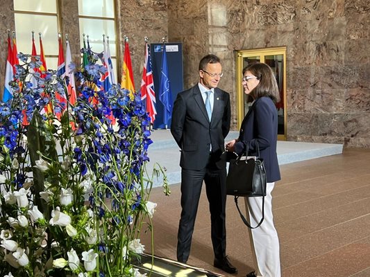 Теодора Генчовска говори с унгарския си колега Петер Сиярто на неформална среща на външните министри от НАТО през уикенда в Брюксел.

