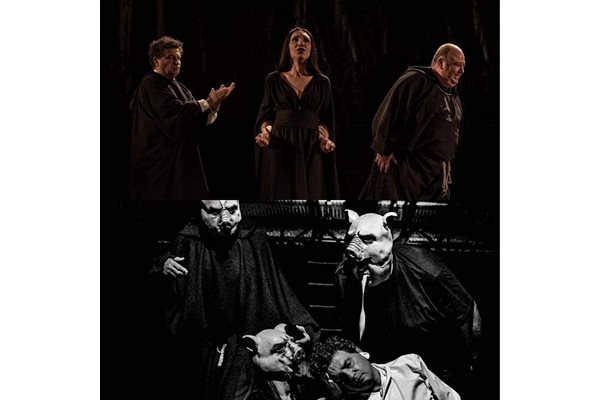 Любо Нейков вдясно в сцена от "Хамлет".
Долу той е един от тримата актьори със свински маски на главата. В постановката трупата на актьорите, поканена от Хамлет, изиграва представление пред чичо му, а метафората е какви свине могат да бъдат
хората.