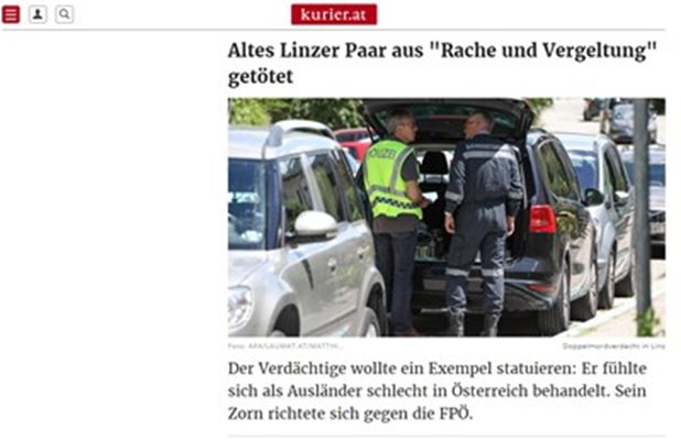Подозира се ислямистки мотив в двойно убийство, извършено в Австрия. Факсимиле: kurier.at