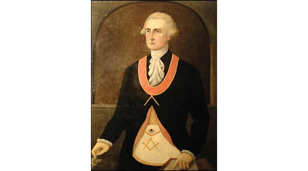 Официален портрет на Джордж Вашингтон в ритуално масонско облекло, орнаментирано със символите пергел и Всевиждащо Око на Озирис, XVIII в.