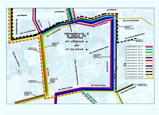 Картата с променените маршрути на 12 градски автобуса.