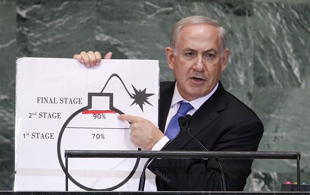 Израелският премиер Бенямин Нетаняху показва докъде стига червената линия, на графика на бомба, в обръщението си към Общото събрание на ООН в централата на организацията в Ню Йорк, 27 септември 2012 г.
Снимка Ройтерс