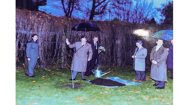 Градинарят Валентин Въльовски и тогавашният принц на Уелс Чарлз засаждат през 1998 г. орех в двора на посолството.