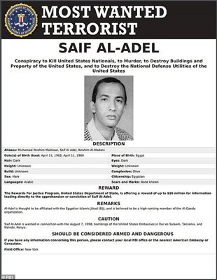 Сейф ал Адел е един от най-издирваните от ФБР терористи.