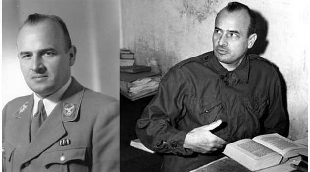 Ханс Франк в униформата си като генерал-губернатор на Полша (вляво) и по време на процеса в Нюрнберг (вдясно)