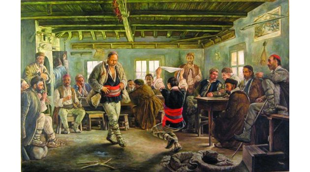 Картината “Ръченица” на Иван Мърквичка, в средата е нарисуван Джеймс Баучер в народна носия.