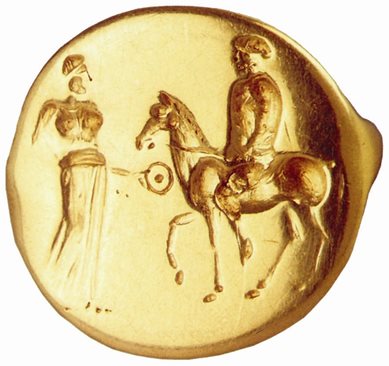 Изображение на богиня и цар конник върху златен пръстен от IV в. пр.Хр., открит в Ямболско
