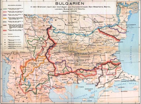 Карта на границите на България от Константинополската конференция 1876 г. до Ньойския мирен договор