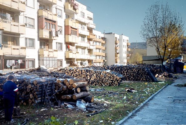 Дърва са струпани пред жилищни блокове. Голяма част от българските домакинства се отопляват на твърдо гориво.