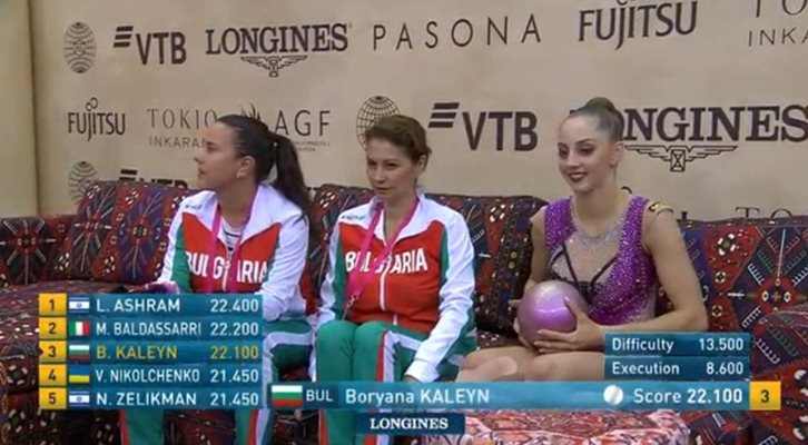 Боряна Калейн разбира оценката си след финала с топка на световното по художествена гимнастика в Баку. Дина и Арина Аверина изместиха българката до петото място.