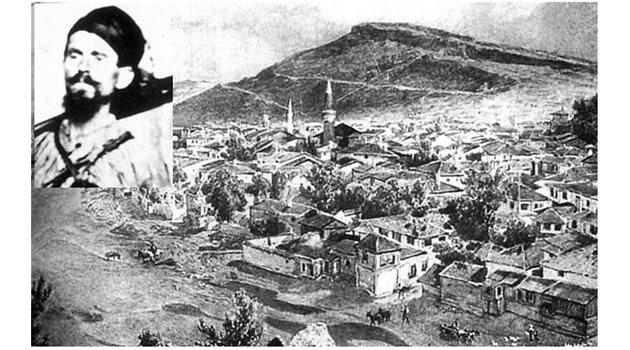 РИСУНКА: Град Ловеч, както е изглеждал през 1880 г. Горе вляво - Димитър Общи, който издава Левски и организацията му.