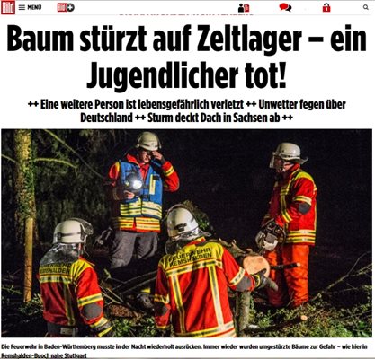 Най-малко едно дете е загинало, още четири са получили наранявания, заради ураган, който е връхлетял, посред нощ, върху детски палатков лагер в Южна Германия  Факсимиле : bild.de