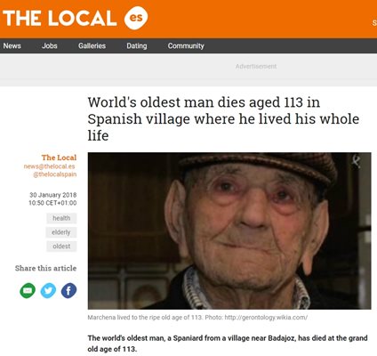 Най-възрастният мъж на планетата - испанецът Франсиско Нуниес Оливера почина на 113-годишна възраст. Факсимиле: The Local