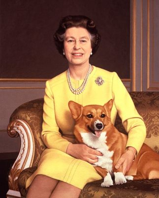 Елизабет II  позира за официален портрет с любимото си куче от породата "Корги".