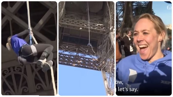 (Видео) Рекорд! Французойка хвърчи по въже към върха на Айфеловата кула