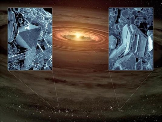 Телескоп на НАСА за първи път откри малки, подобни на кварц кристали, пръснати в млади планетарни системи, в края на 2008 г. На снимката се виждат кристалите, които са от типа силициеви минерали, наречени кристобалит и тридимит (съответно в черно-белите увеличени полета). Изображенията са от сканиращ електронен микроскоп в Калифорнийския технологичен институт.  Фонът представлява нарисувана от художник млада звезда и вихрещи се около нея кръгове от образуващи планети материали.
СНИМКА: РОЙТЕРС