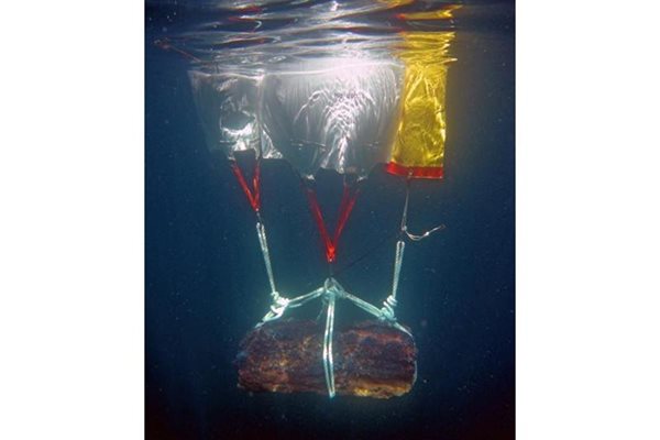 Специални водни парашути издигат от морското дъно фундамент на древна статуя.