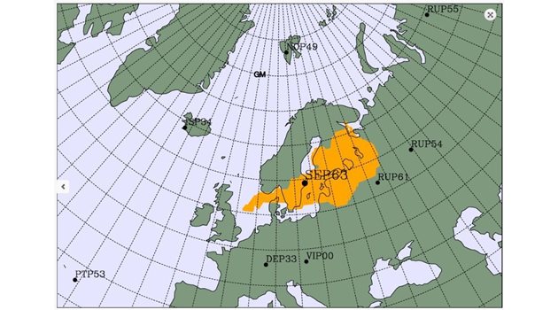 Шведската станция SEP63 регистрира леко повишаване на нивата на 3 изотопа над част от Европа - показана в жълто на картата.


