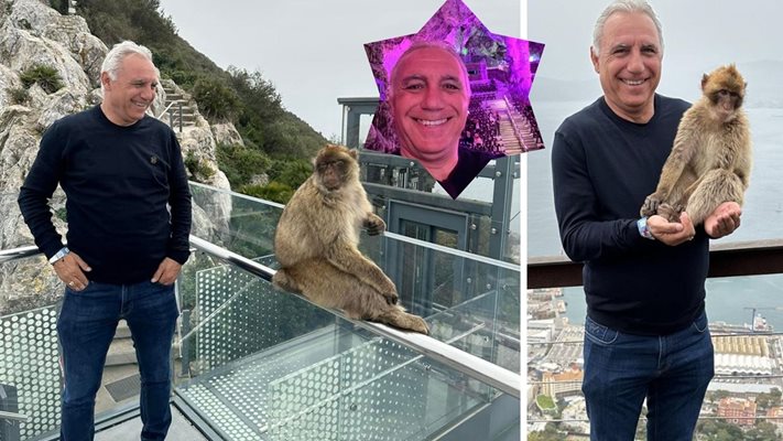 Стоичков се снима с маймуни на Гибралтарската скала. Прогнозира разгромна загуба за "Реал" (Мадрид)