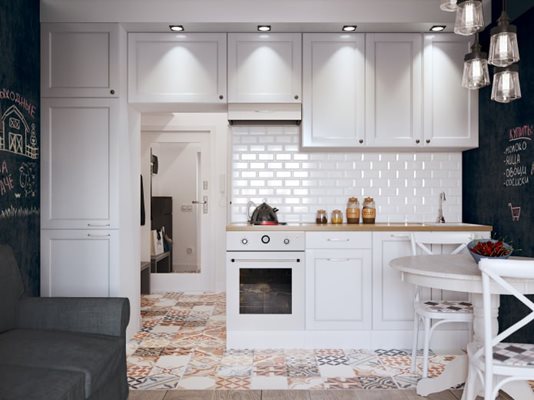Кухнята е изцяло бяла, а пачуъркът изпъква ярко на нейния фон Снимки design-homes.ru