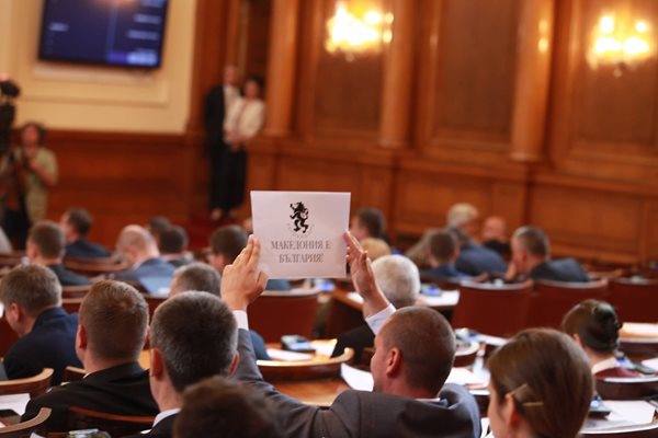 Плакати с надпис "Македония е България" издигнаха в пленарната зала депутатите от „Възраждане“.
Снимки: Юлиян Савчев
