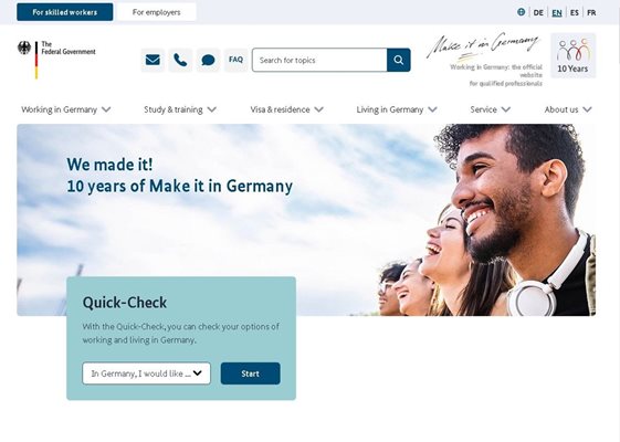 В немския сайт има две основни секции - за работодатели и работници.
