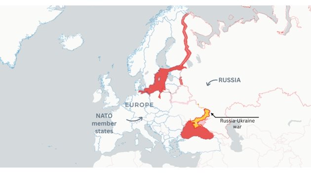 "Нюзуик" пусна карти с възможни военни фронтове между Русия и европейски страни Снимка: Newsweek