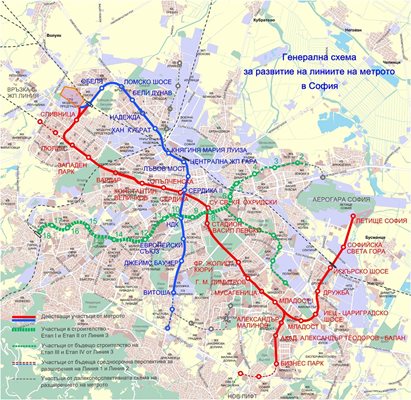 Средносрочно рзвитие на  линиите на метрото в София:  4 съществуващи линии – 40км с 35 станции.  4 Линии в строеж 2016 - 2020 г. от краткосрочното разширение - 12 км с 12 станции. Обща дължина през 2020 г. - 52 км с 45 станции.  4 Бъдещи линии от средносрочното разширение - 15 км с 15 станции. Обща дължина през 2030 г. - 67 км и 62 метростанции.