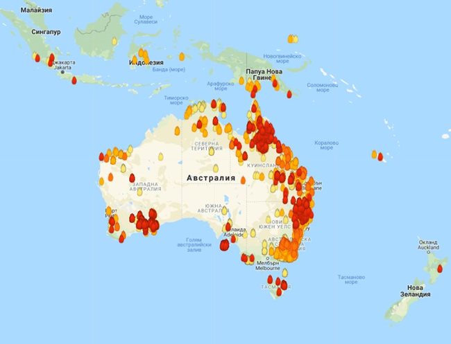 Карта на разпространението на огнените огнища по данни на австралийското правителство.