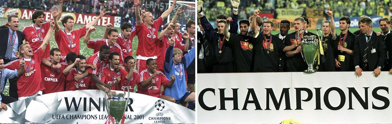 File photo of (L) the Bayern Munich squad celebrating with the European Cup after the Champions League final at the San Siro Stadium in Milan, May 23, 2001, and (R) Borussia Dortmund celebrating after winning the Champions league final soccer match against Juventus Turin 3-1, in Munich’s Olympic sta