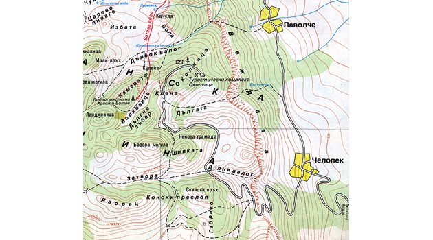 Карта на Врачанския балкан около връх Околчица – лобните места на Ботев и неговите комити