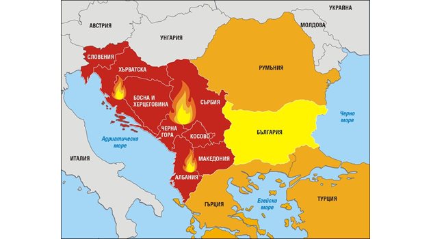 Западните Балкани (в червено) ще станат много по-горещи, ако се сбъднат прогнозите на климатолозите.Според агрометеоролозите при затоплянето ще се наложи промяна в организацията на напояването.