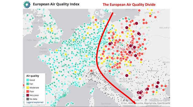 В Западна Европа дишат доста по-чист въздух от този в Източна, показват данните, разпространени от бившия екоминистър Юлиан Попов.