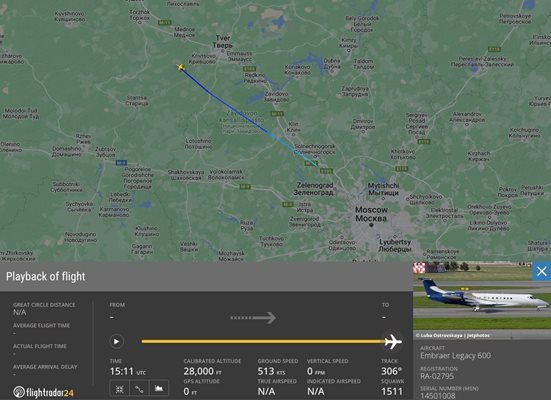 Полетът на самолета на Пригожин ГРАФИКИ: Flightradar