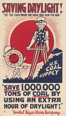 "Спести 1 млн. тона въглища, като ползваш дневна светлина", постер от САЩ през 1918 г.