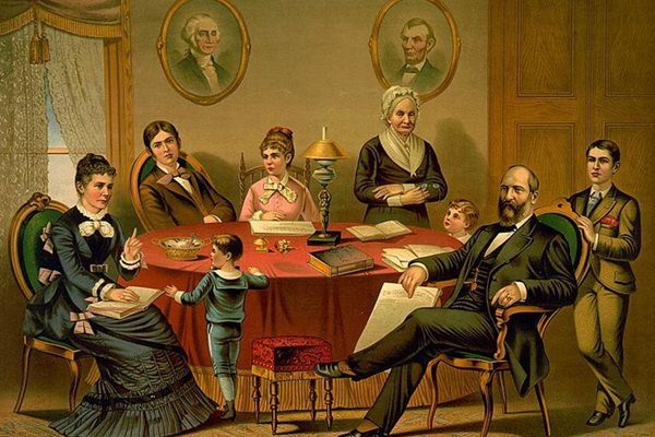 Президентът Джеймс Гарфийлд, прострелян пред очите на две от седемте си деца, е около масата със семейството си през 1881 г.