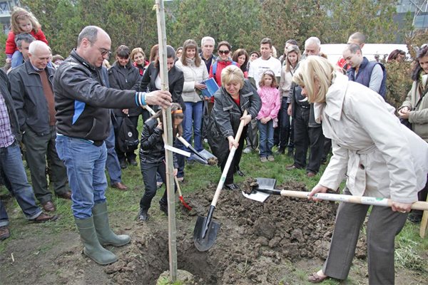 Министър Нона Караджова и главният редактор на "24 часа" Данка Василева засаждат първото дръвче в София.