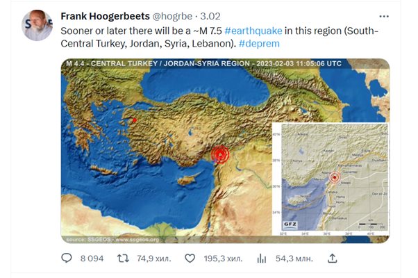 Съобщението в туитър от 3 февруари, което доказва вярната прогноза на нидерландският геолог.