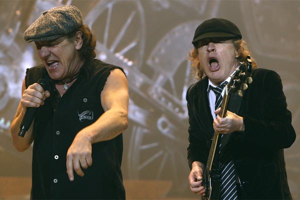 Вокалистът на АC/DC Браян Джонсън и китаристът  Ангъс Янг
по време на концерт пред  лондонска публика
