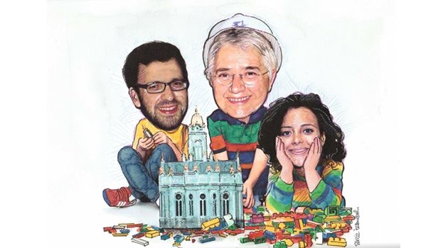 Авторски колаж на арх. Булунмаз - на него тя е с двете си пораснали деца, на които показва как сглобява църквата "Свети Стефан" като лего.
