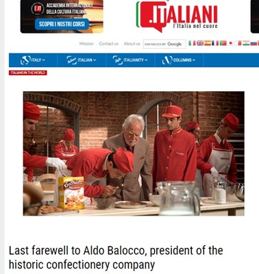 Рицарят на труда Алдо Балоко, почетен президент на гиганта в печивата „Balocco", измисли бадемовата версия на прочутия италиански сладкиш през 70-те години на миналия век 
Факсимиле: italiani.it