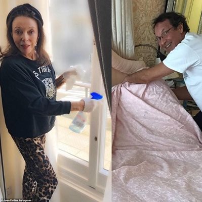 Кинолегендата Джоан Колинс мие прозорците на лондонския си апартамент, докато съпругът  Пърси оправя леглото. 
СНИМКИ: ИНСТАГРАМ