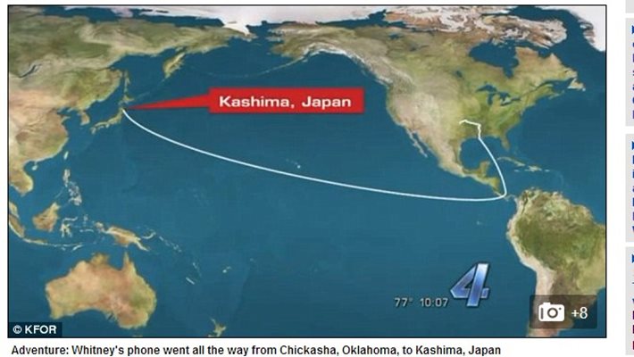 Това е разстоянието, което телефонът е пропътувал от САЩ до Япония; Факсимиле: "Дейли мейл"