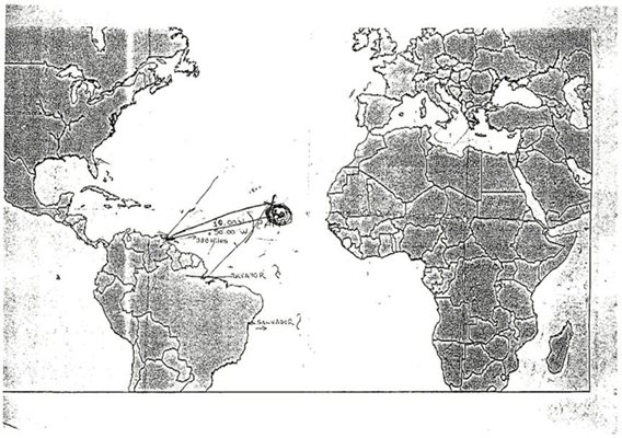 Картата показва координати на корабите в Атлантика.