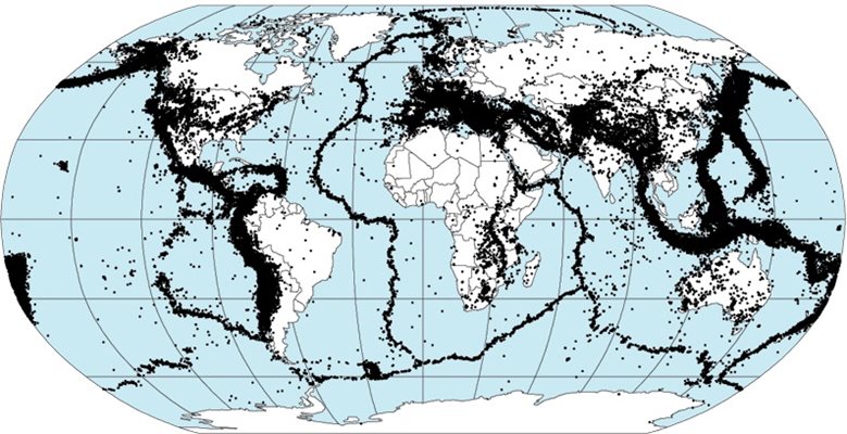 Световна карта на епицентрите на земетресения 1963-1998 г.